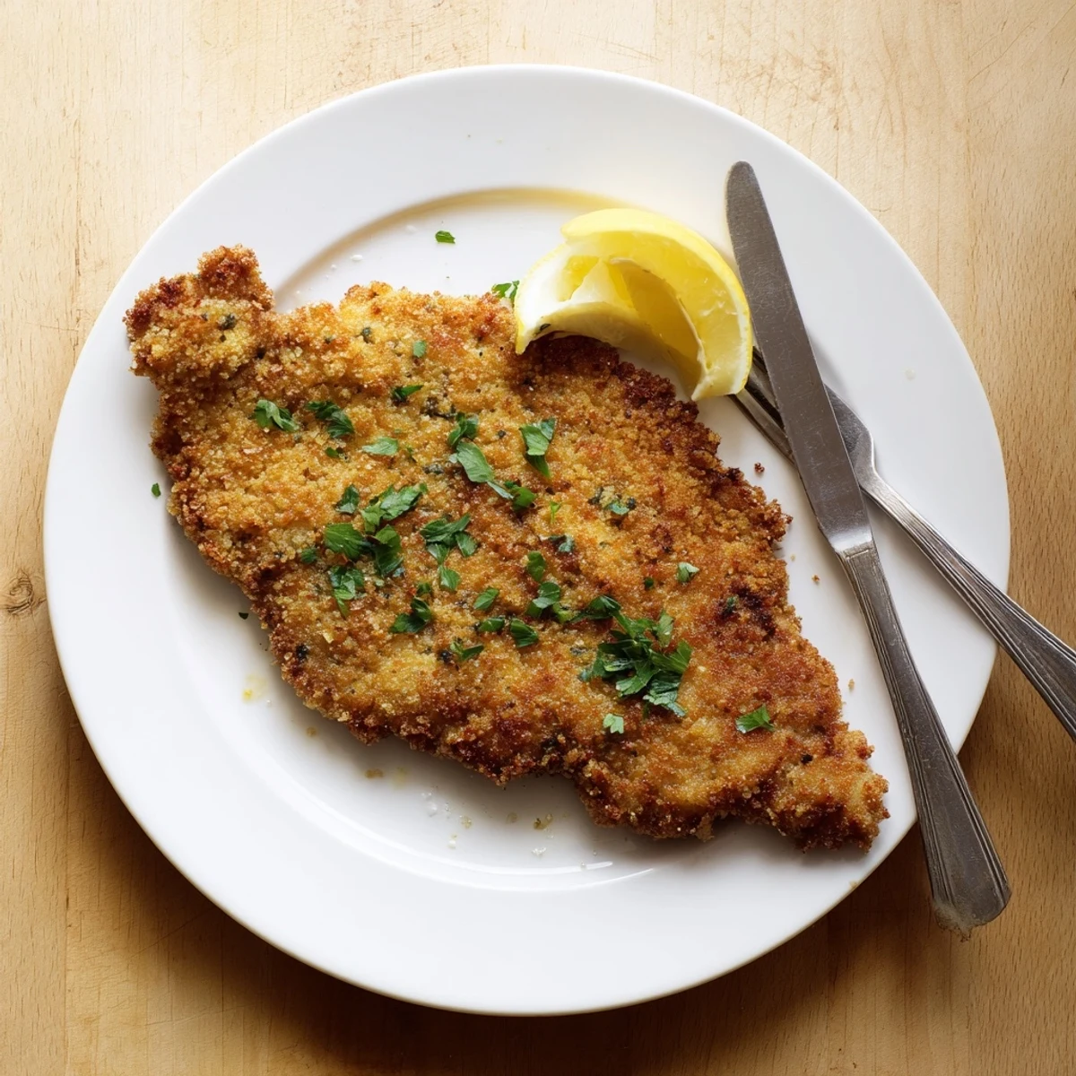 Golden brown Crispy Parmesan Chicken Cutlet garnished with fresh parsley and served with lemon wedges on a rustic plate.