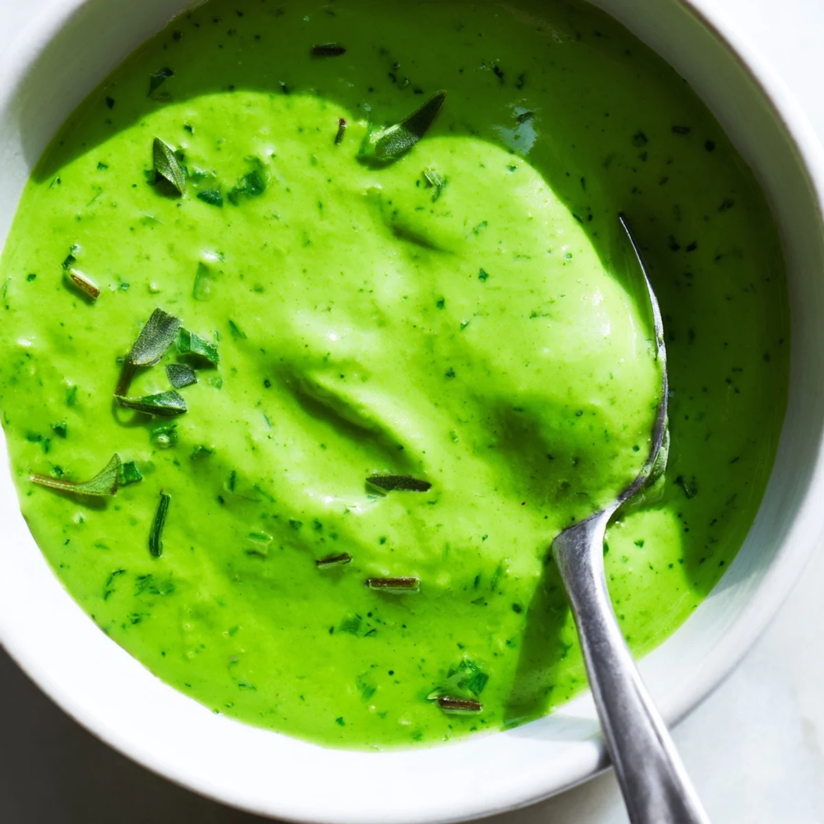 A bowl of bright green Green Goddess Dressing garnished with fresh herb leaves, ready for salads or dipping.
