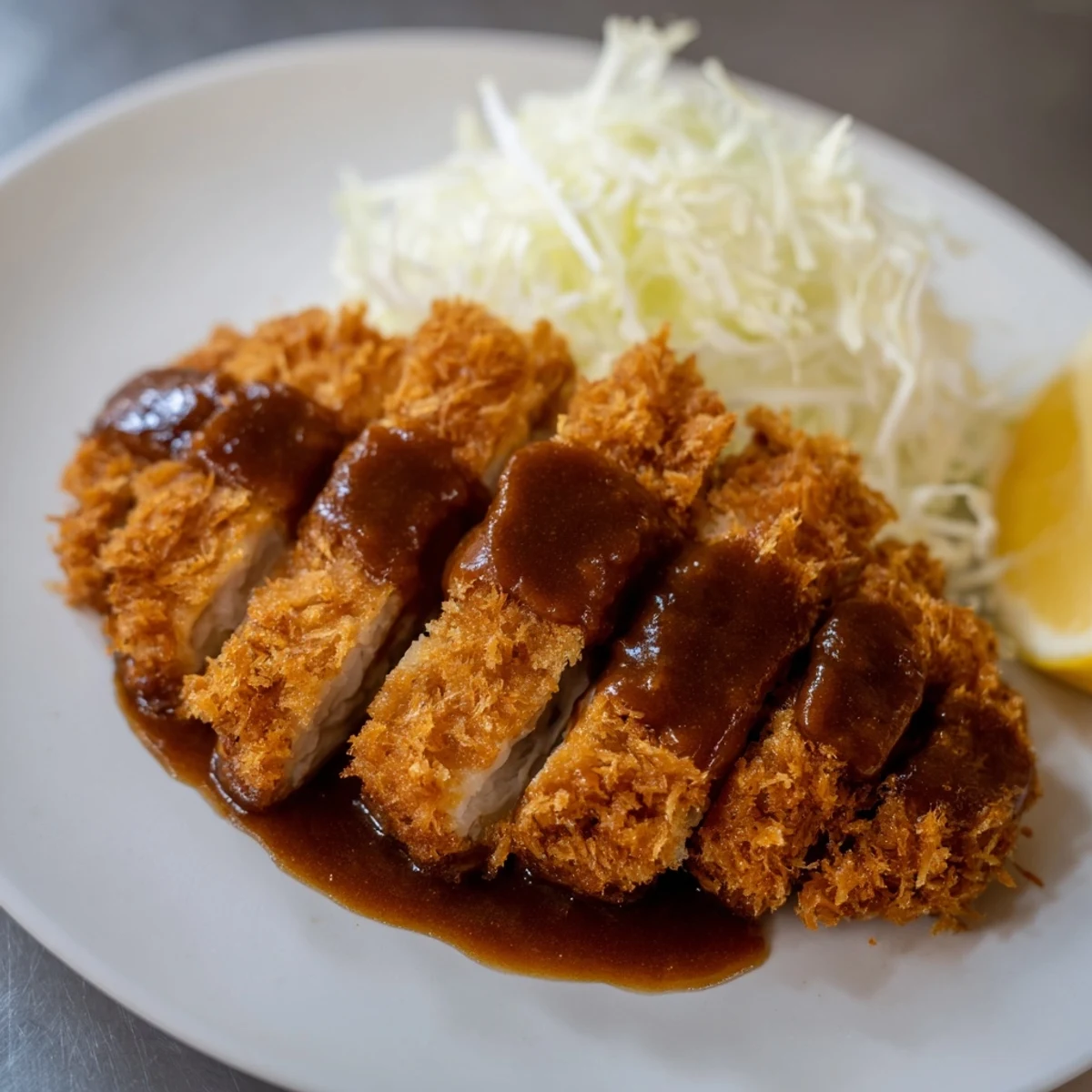Juicy panko-crusted Chicken Katsu slice topped with tangy sauce, lemon wedges, and fresh cabbage.  