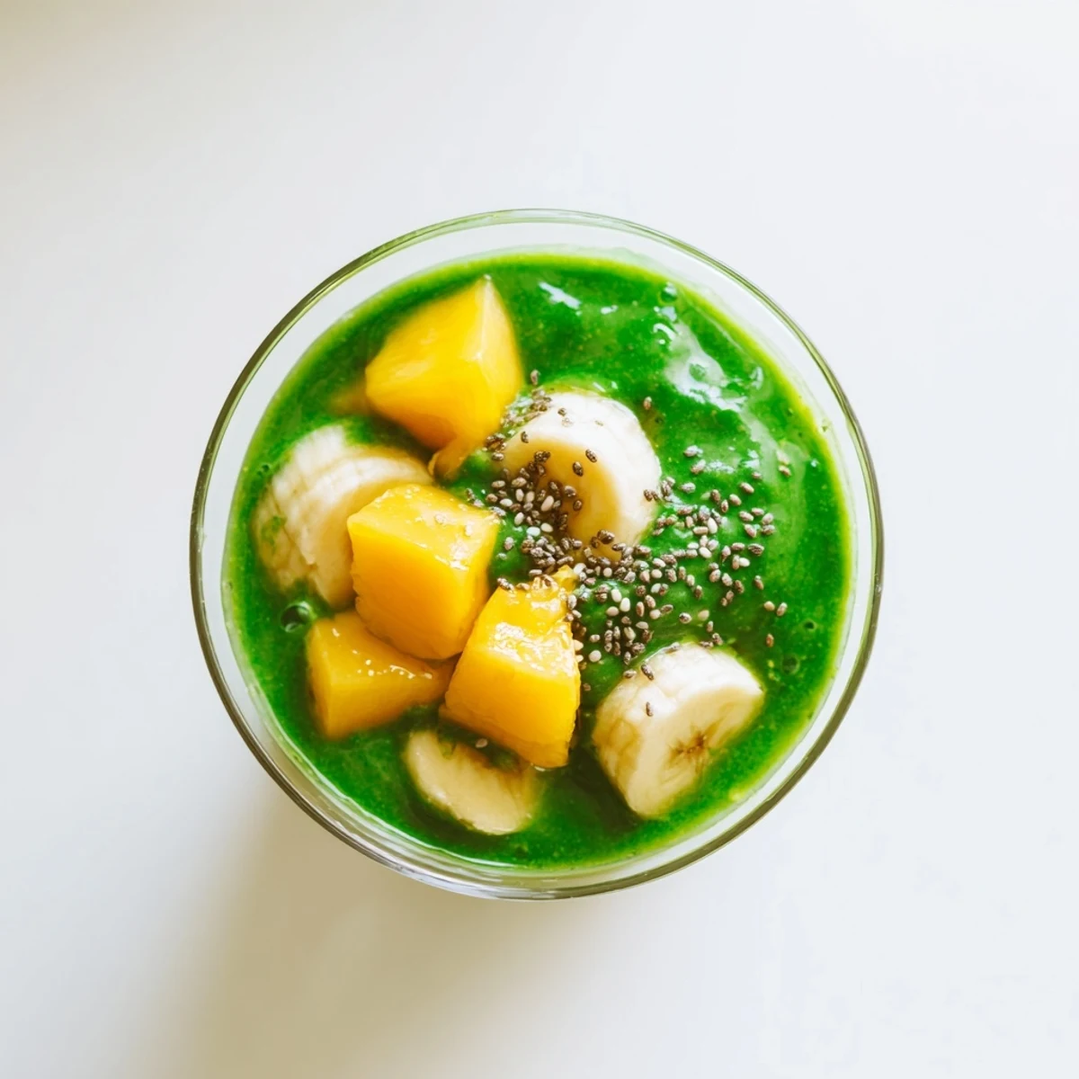 A tall glass of Spinach-Hidden Smoothie with vibrant green hues, garnished with a fresh mango slice and chia seeds, enjoyed as a refreshing morning boost.