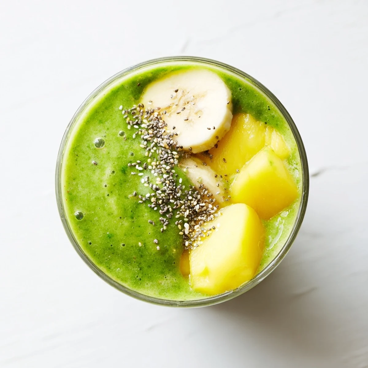 Vibrant green Spinach-Hidden Smoothie in a chilled glass, garnished with banana slices, showcasing its creamy texture and nutrient-rich ingredients for a refreshing, vegan-friendly beverage.