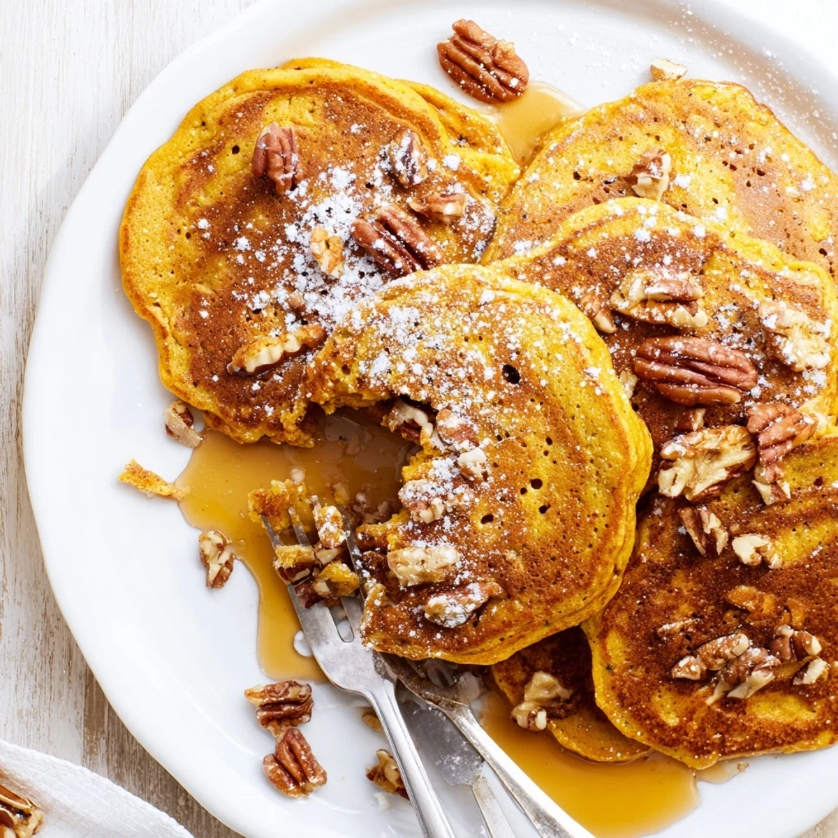 Fluffy pumpkin spice pancakes stacked high, drizzled with warm maple syrup, perfect for a cozy fall breakfast.