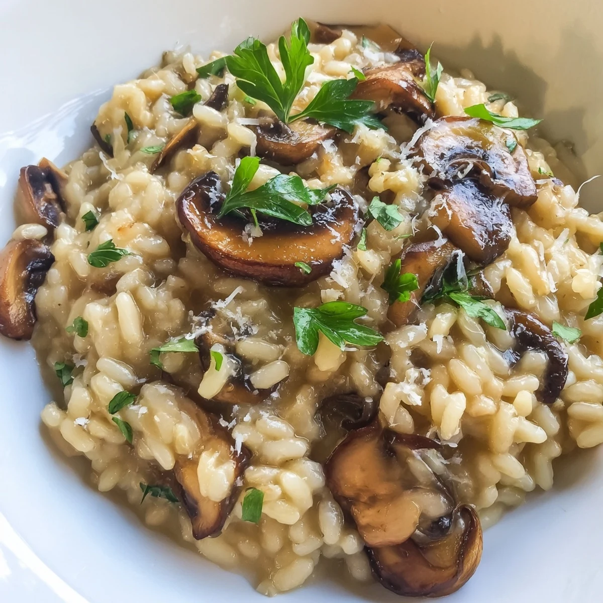 Creamy roasted mushroom risotto in a white bowl, garnished with fresh thyme and grated Parmesan cheese.  