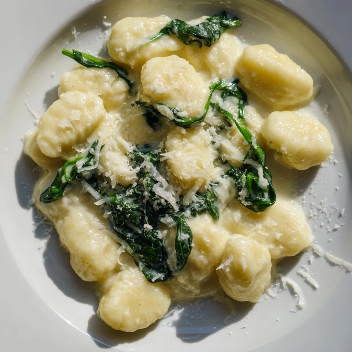 Golden-brown Creamy Garlic Gnocchi tossed in a velvety sauce, topped with fresh spinach and grated Parmesan cheese.