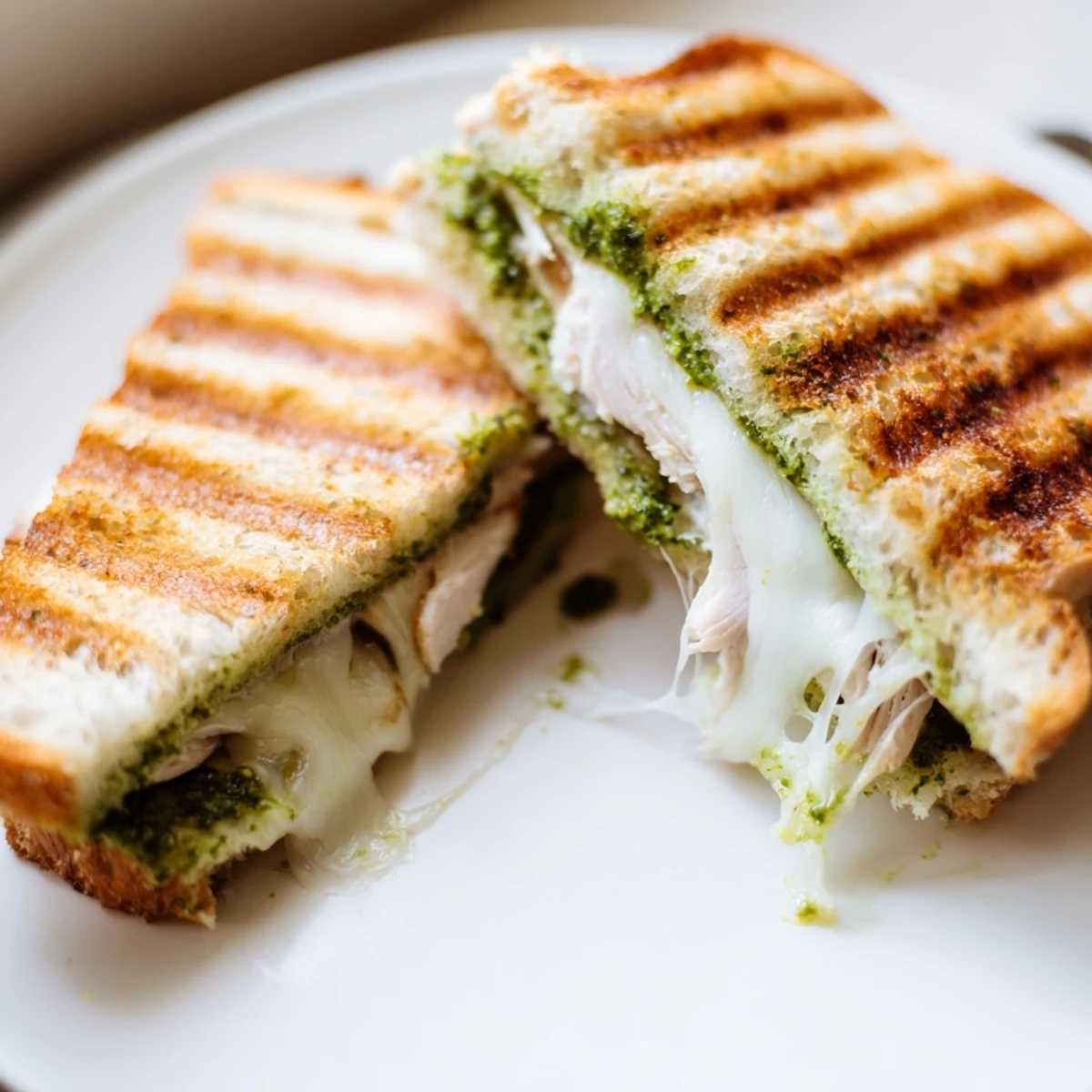 Golden-brown Chicken Pesto Panini sliced in half on a rustic wooden board, revealing layers of juicy chicken and vibrant pesto.