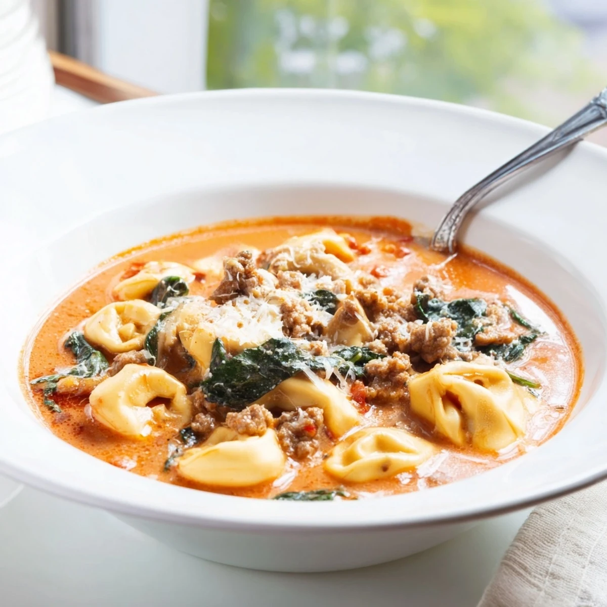 Creamy Tuscan Tortellini Soup with Italian sausage, wilted spinach, and cheese-filled pasta in a rich tomato broth, served in a rustic bowl.
