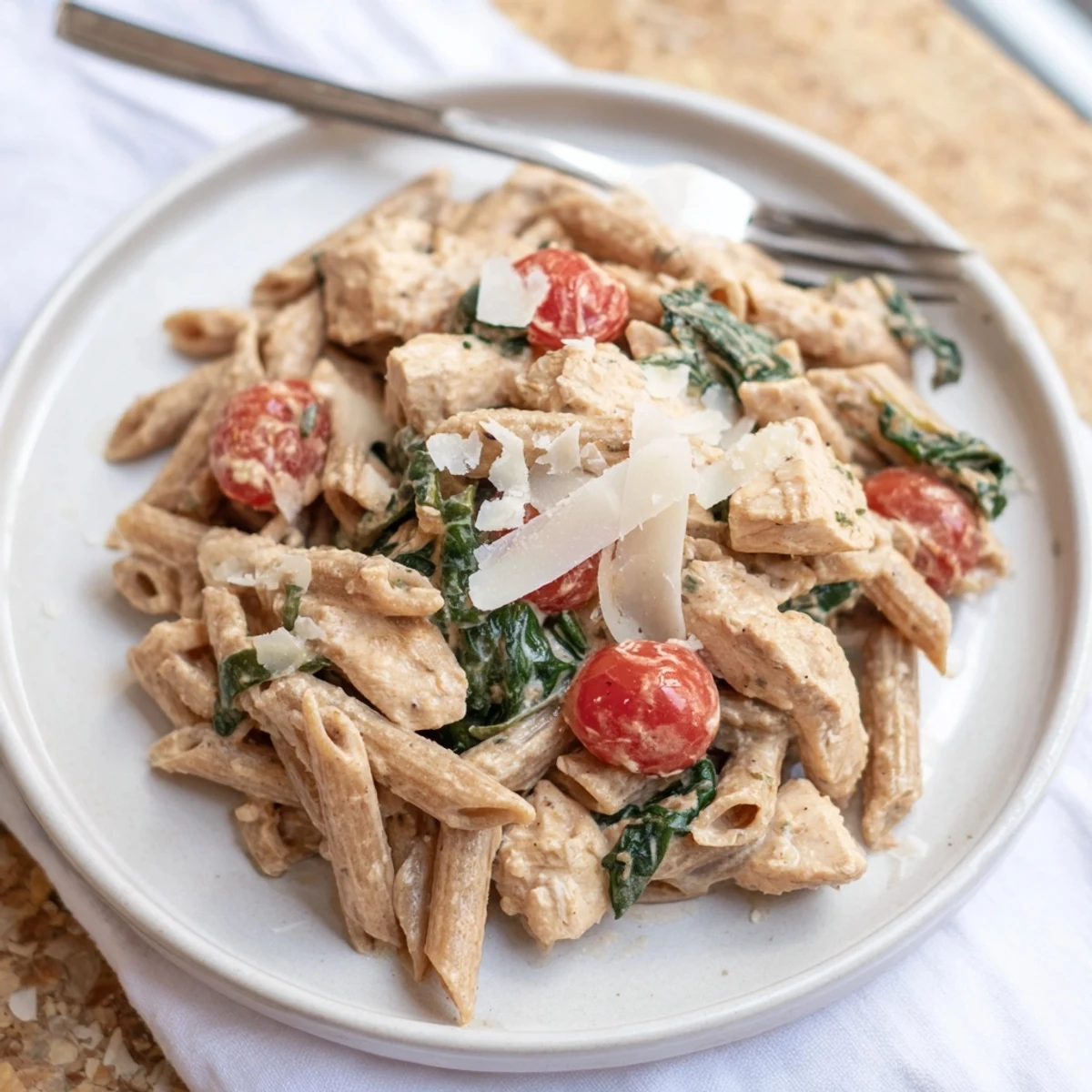 Creamy Greek Yogurt Chicken Pasta served in a white bowl with spinach, tomatoes, and golden chicken pieces.