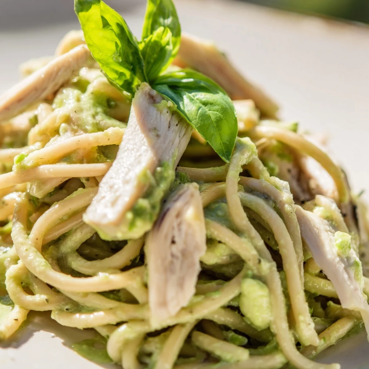 A close-up shows creamy avocado chicken pasta tossed with basil, ready to be served with lemon zest and Parmesan.