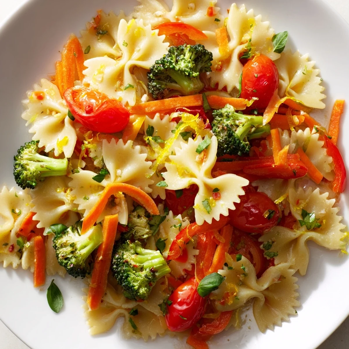 A vibrant bowl of Rainbow Veggie Pasta Primavera features bow-tie pasta tossed with fresh tomatoes, asparagus, and broccoli in a glistening lemon-garlic sauce.