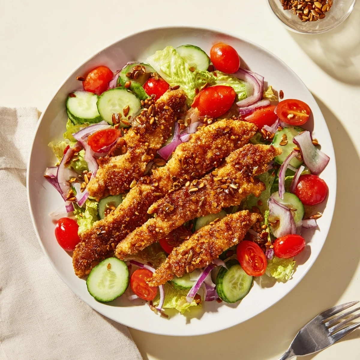 Crispy Hot Honey Chicken Salad with golden fried chicken strips, fresh romaine, and a spicy drizzle over crunchy seeds.