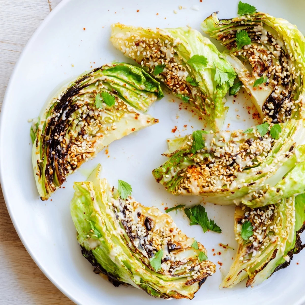 Golden-brown roasted cabbage wedges with crispy edges, drizzled with creamy tahini sauce and sprinkled with fresh parsley.  