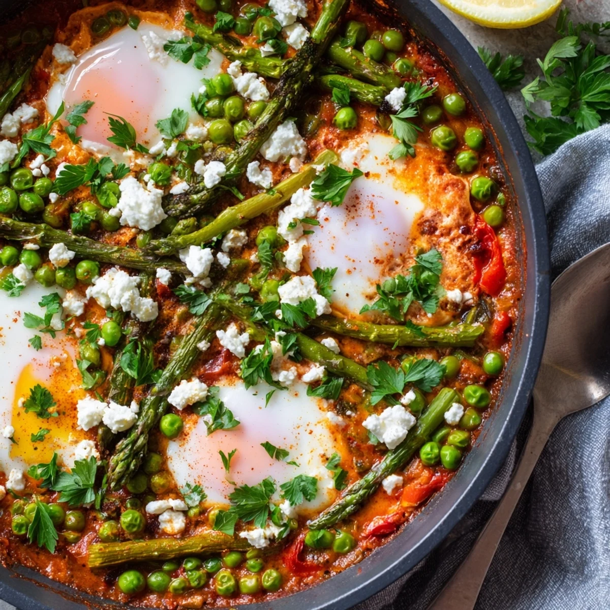 A close-up of vibrant green peas and broad beans in a simmering Pea and Broad Bean Shakshuka, served with lemon wedges and crusty bread.  