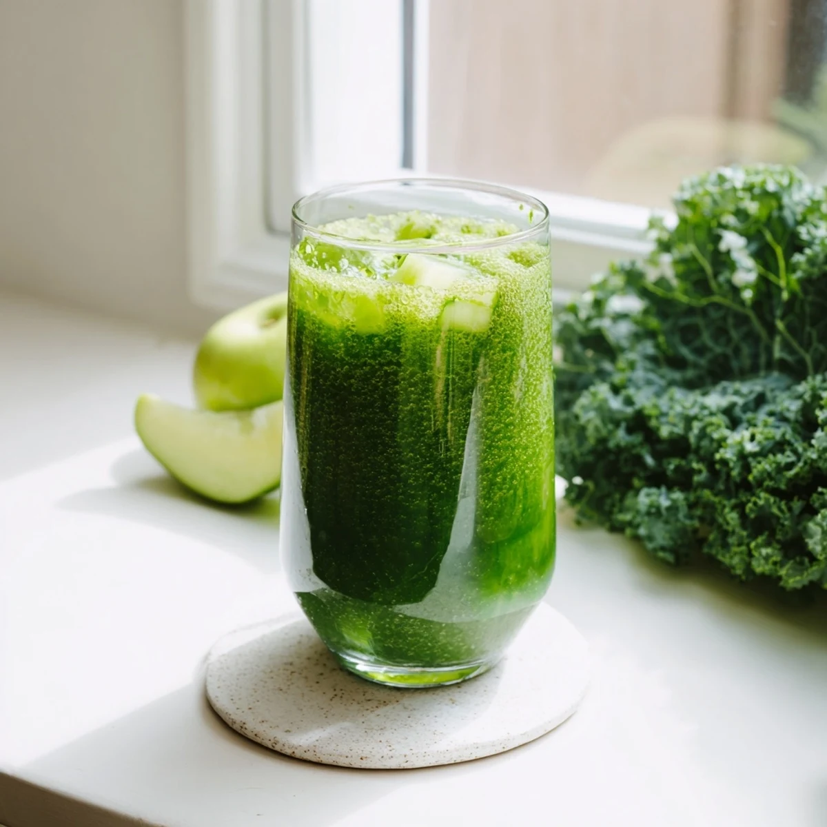 A tall glass of Cabbage and Kale Detox Juice, featuring a vibrant green hue, served over ice with a lemon wedge.