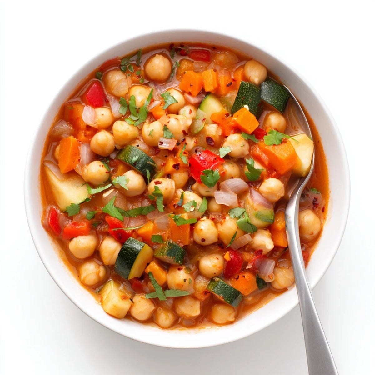 A steaming bowl of Spicy Chickpea Stew with vibrant vegetables and fresh cilantro garnish.