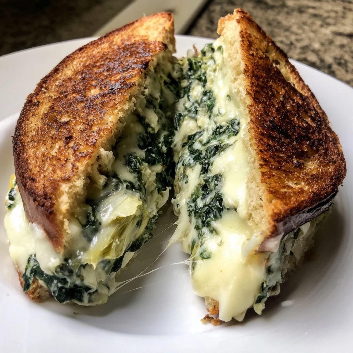 Golden-brown, crispy sourdough sandwiches filled with creamy spinach and artichoke dip, melted to perfection.  