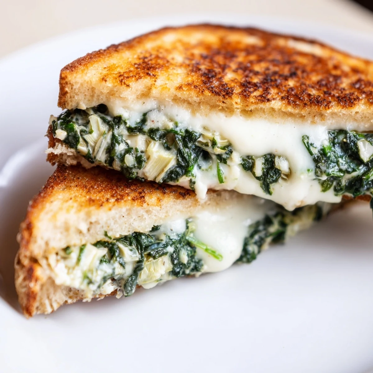 Hearty vegetarian grilled cheese featuring a rich spinach-artichoke mixture inside toasted sourdough slices.