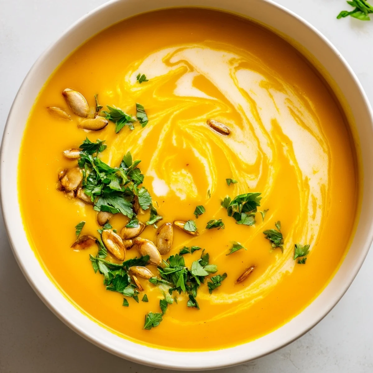 Golden roasted butternut squash soup in a rustic bowl, garnished with pumpkin seeds and a swirl of cream.  