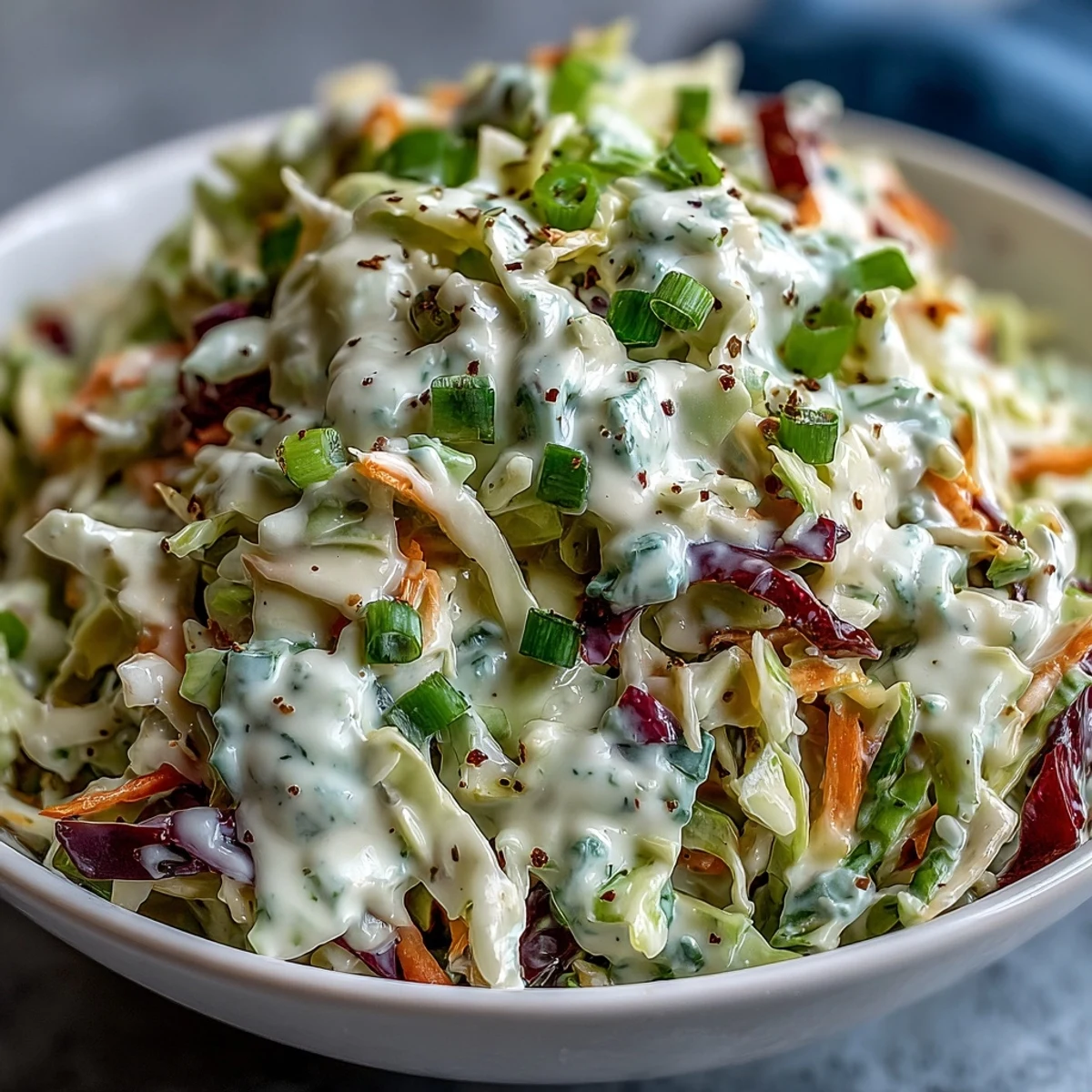 Bright green and purple shredded cabbage and carrot slaw sits in a ceramic bowl with a creamy white dressing, ready to chill for a refreshing side dish.