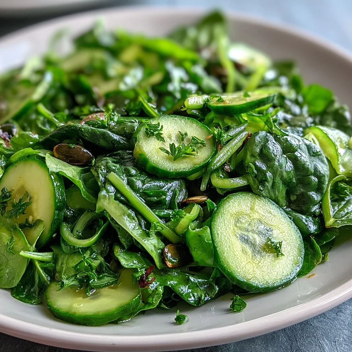 Enjoy this refreshing Glowing Green Salad, perfectly dressed with zesty olive oil and lemon.