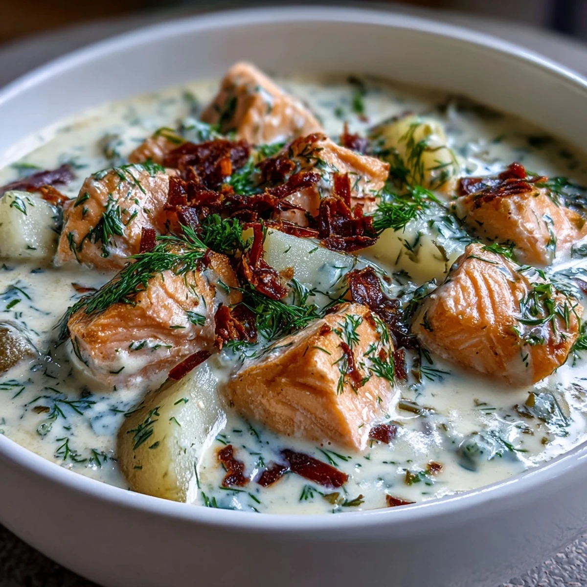 A hearty bowl of Finnish Salmon Soup featuring salmon chunks, soft carrots, and leeks in a rich broth.