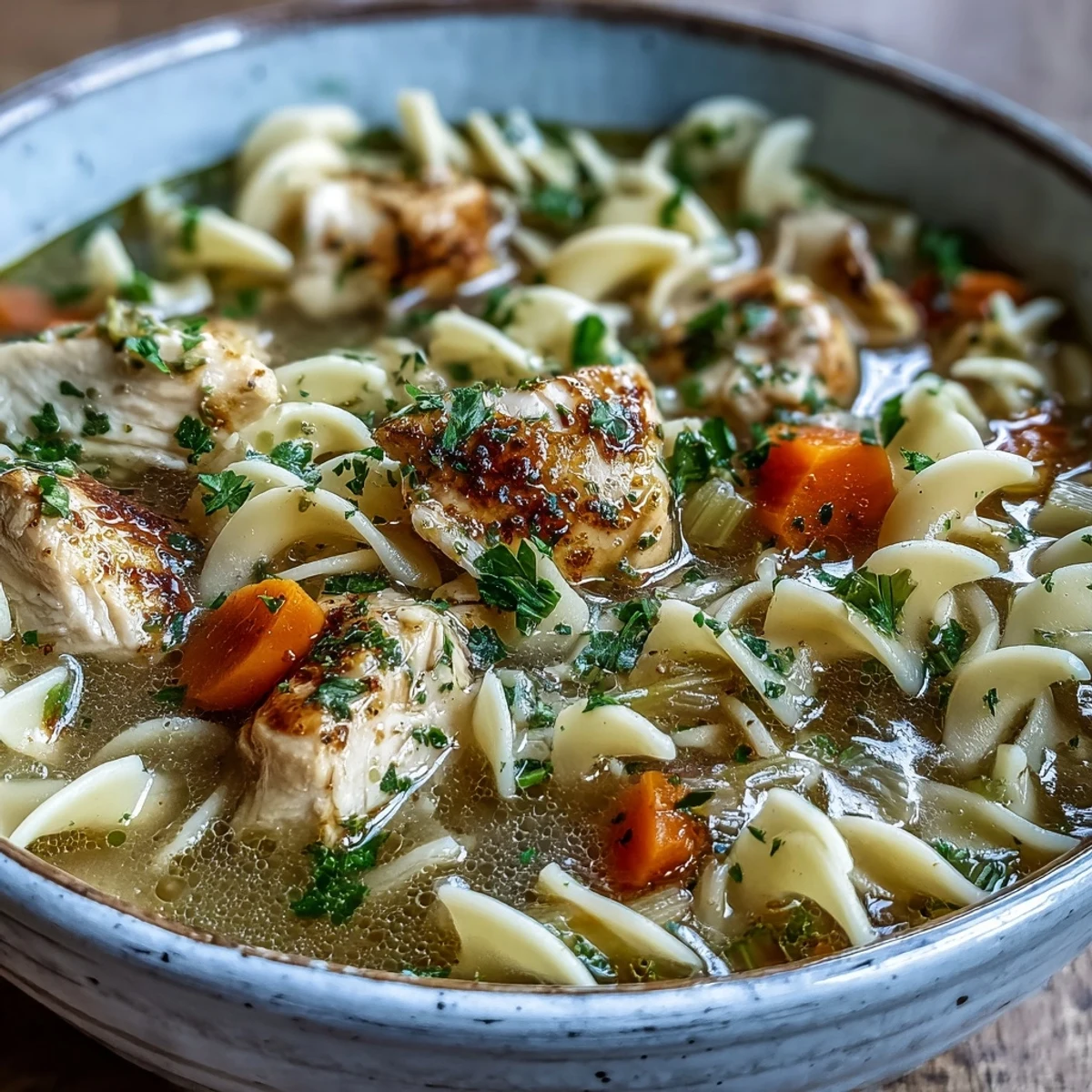 Steaming bowls of homemade Chicken Noodle Soup with tender shredded chicken, carrots, and celery in a golden broth.