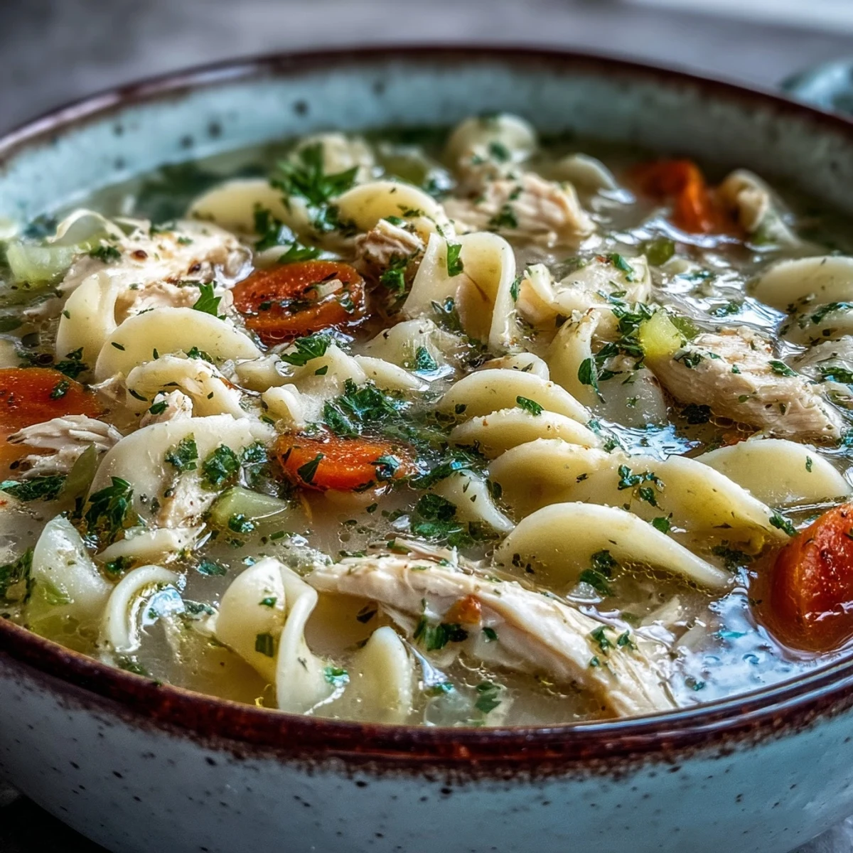 Cozy ladle of Chicken Noodle Soup topped with fresh parsley, accompanied by a side of warm, crusty artisan bread.