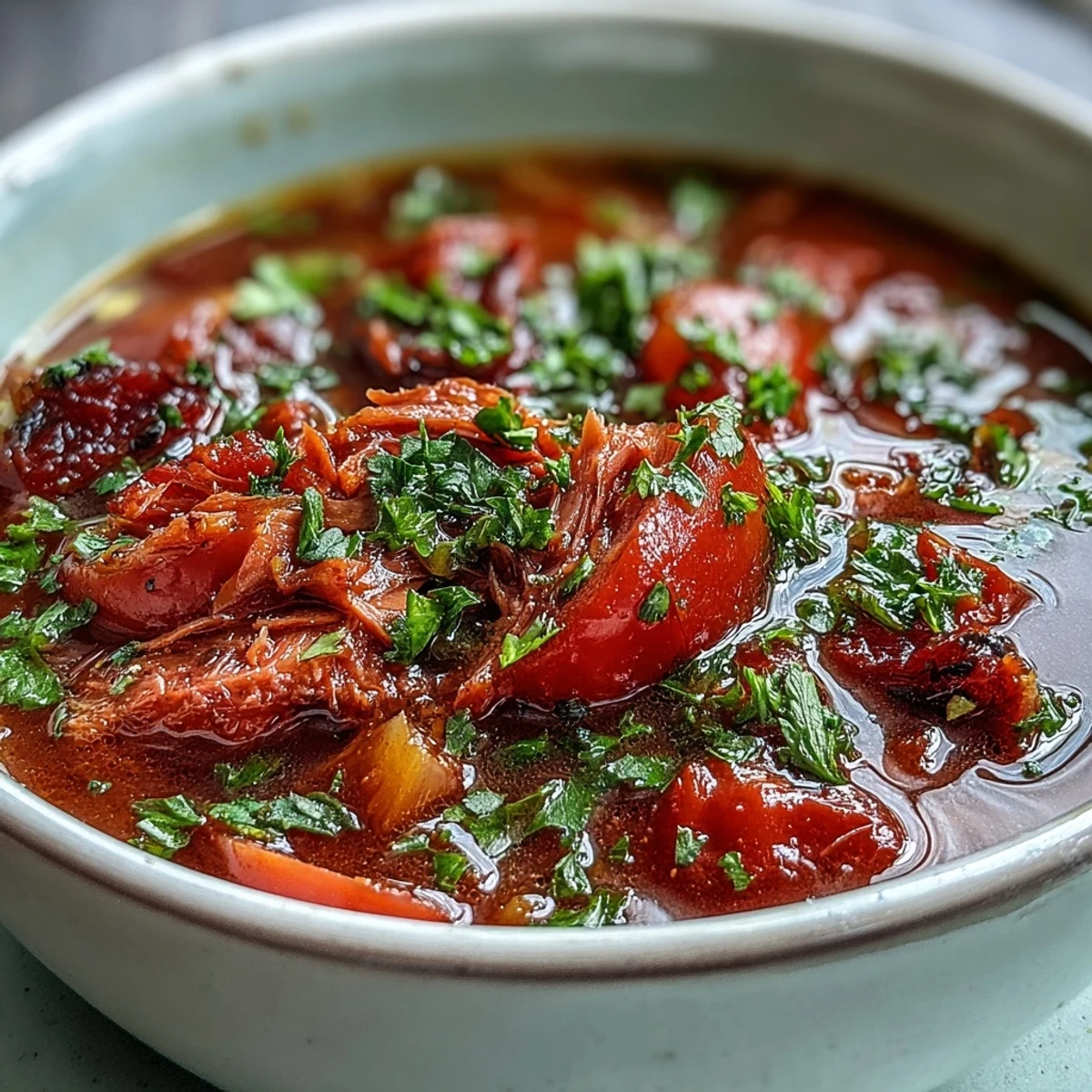 Steaming bowl of Tuna and Tomato Soup with chunks of tuna, diced tomatoes, and herbs, served beside fresh basil.