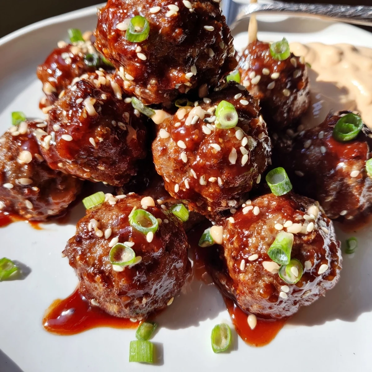 Juicy Korean BBQ meatballs glazed in a savory sauce with spicy mayo dip.  