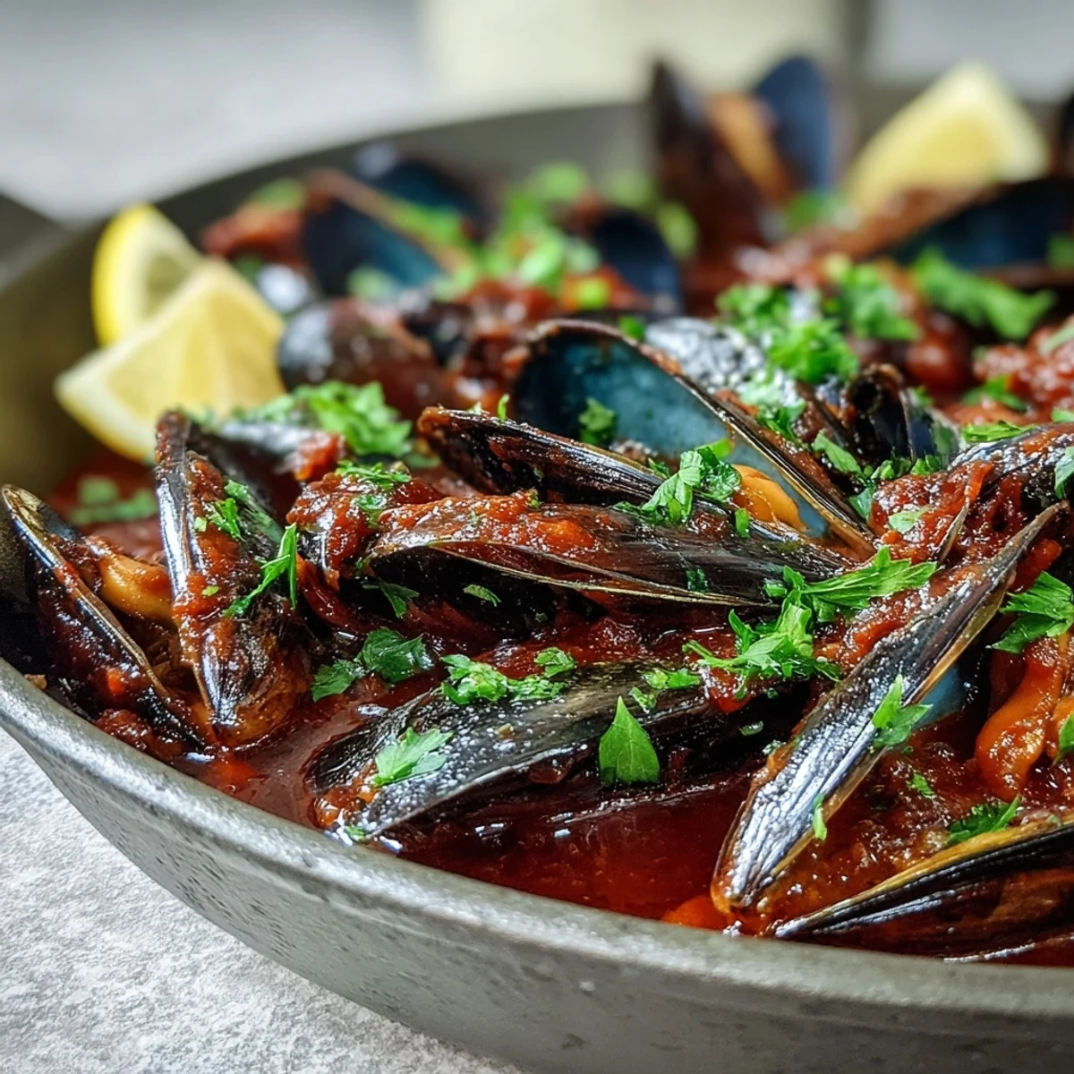 Steaming mussels in a deep skillet with a vibrant red tomato and smoked paprika sauce, ready to be enjoyed with crusty bread.  