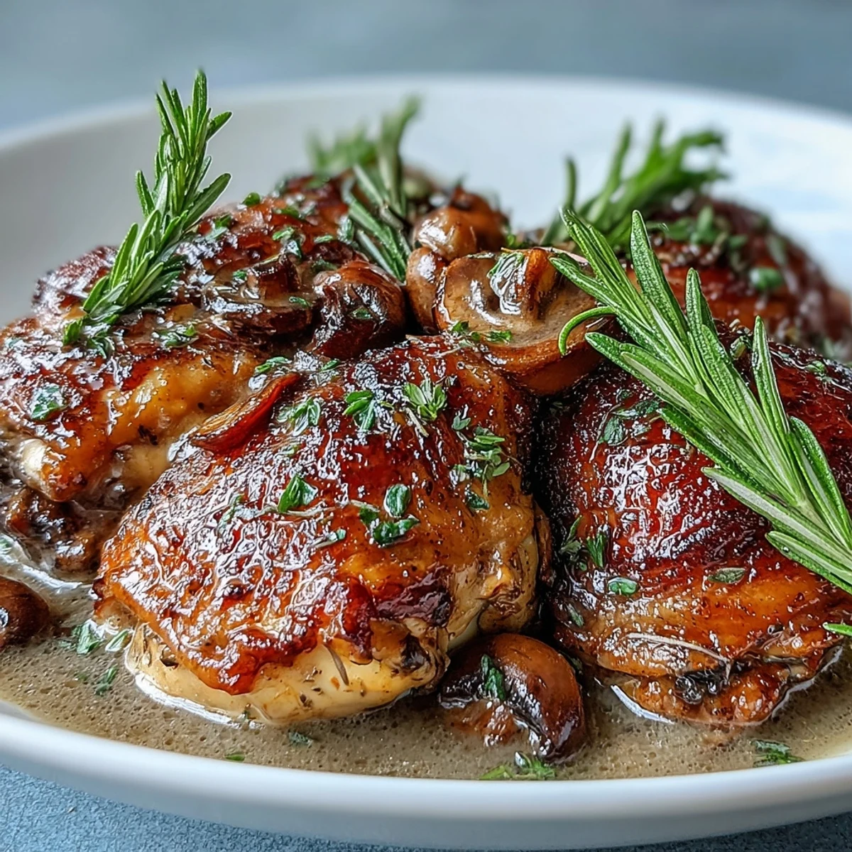 Tender chicken thighs and mushrooms simmered in a creamy Coq au Vin Rosé, served over buttered potatoes for a comforting French dinner.  
