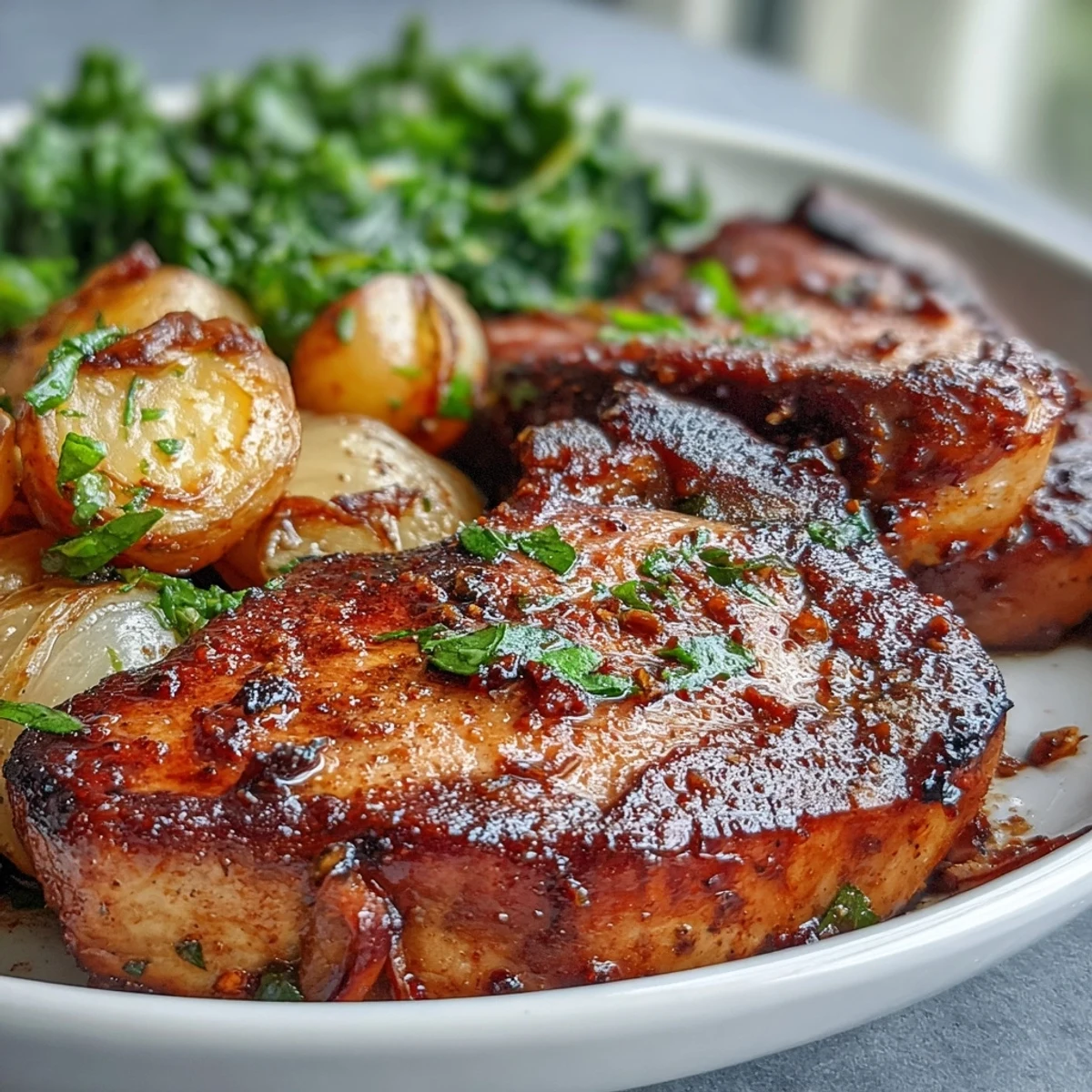 Juicy Aleppo pork chops sit beside golden roasted baby potatoes and vibrant sautéed lacinato kale on a rustic tray.