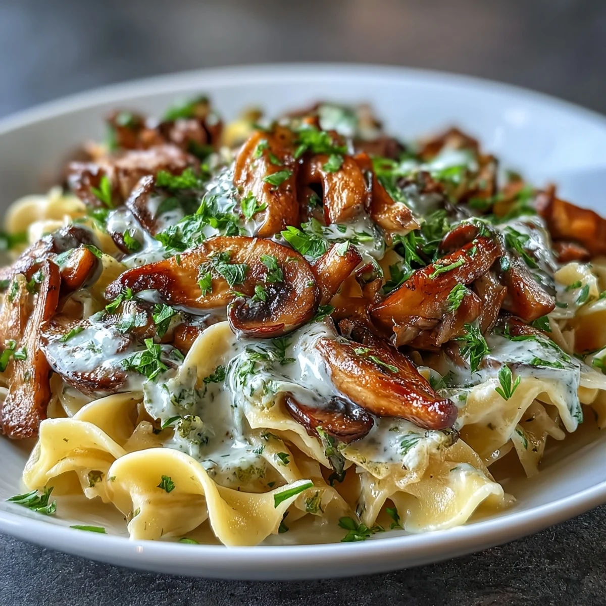 Creamy Mushroom Stroganoff served over fettuccine noodles, garnished with fresh parsley and black pepper for a comforting vegetarian meal.