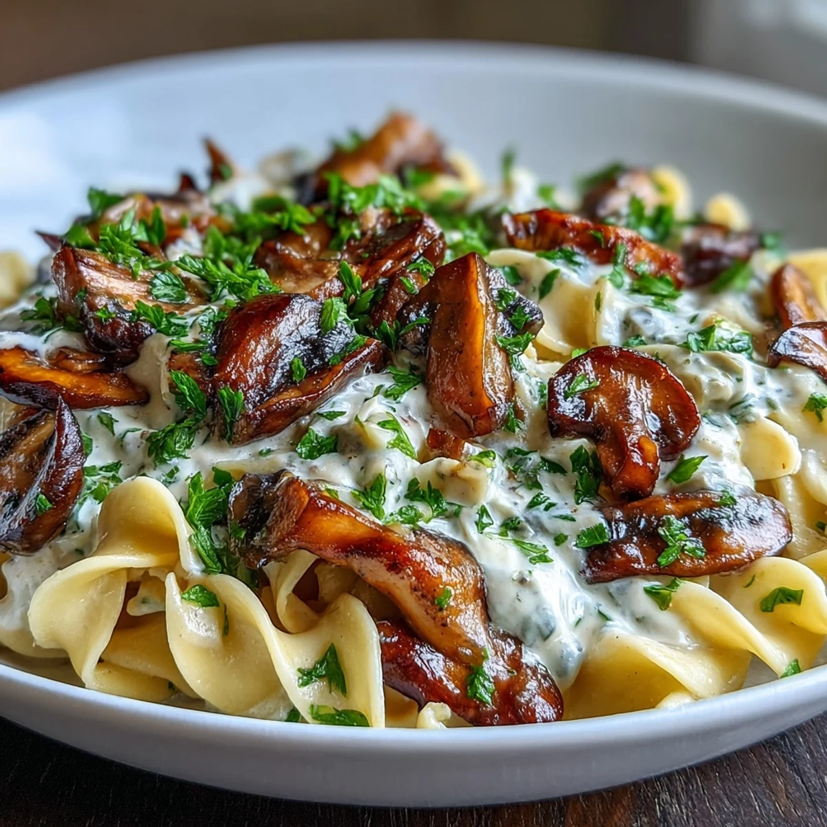 A skillet of Creamy Mushroom Stroganoff featuring sautéed mushrooms and a luscious, tangy miso-infused sauce ready to be served over pasta.