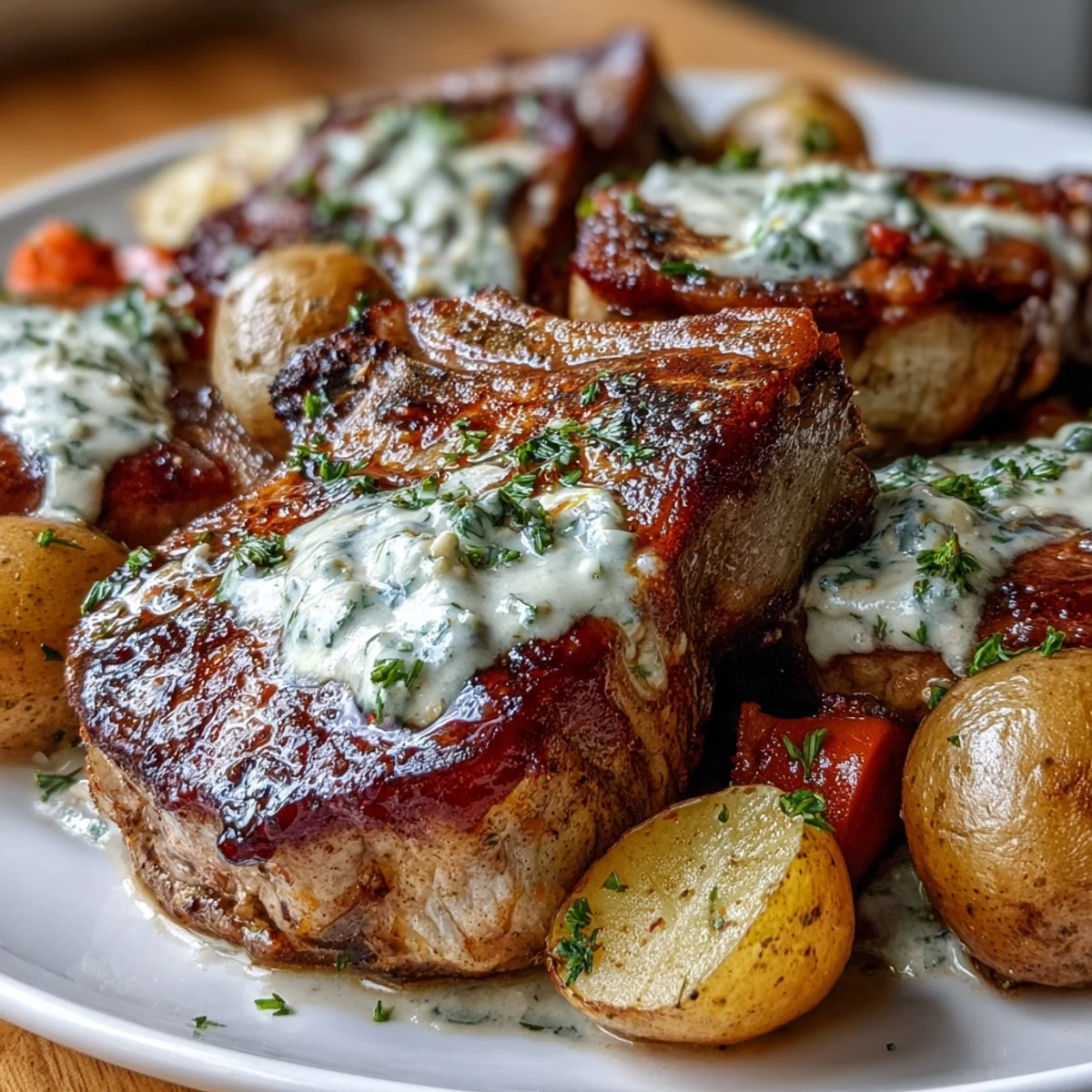 A comforting plate of Crockpot Ranch Pork Chops with golden edges, creamy ranch sauce, and herbs.