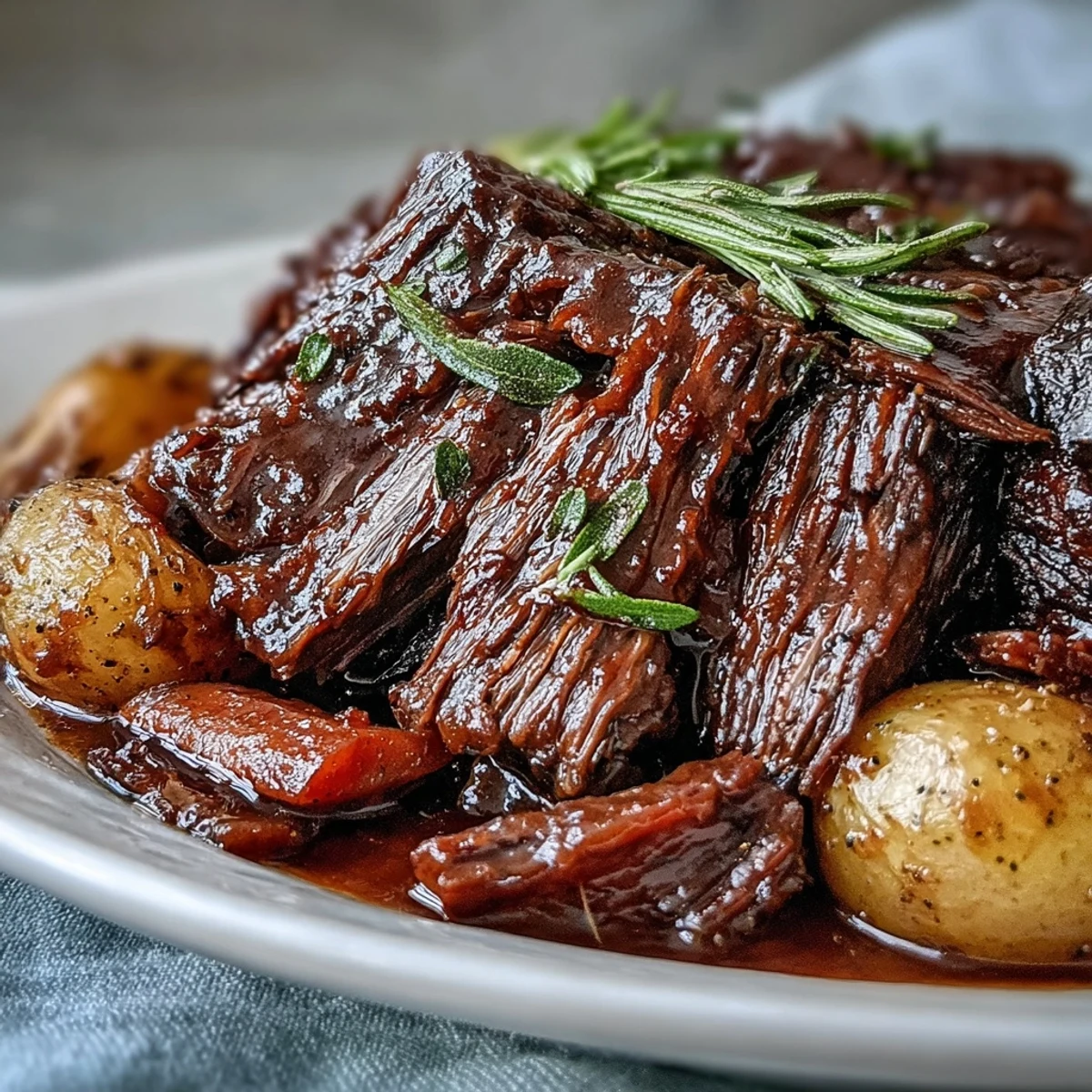 Slow-braised beef pot roast served in a Dutch oven, garnished with fresh parsley for a hearty dinner.