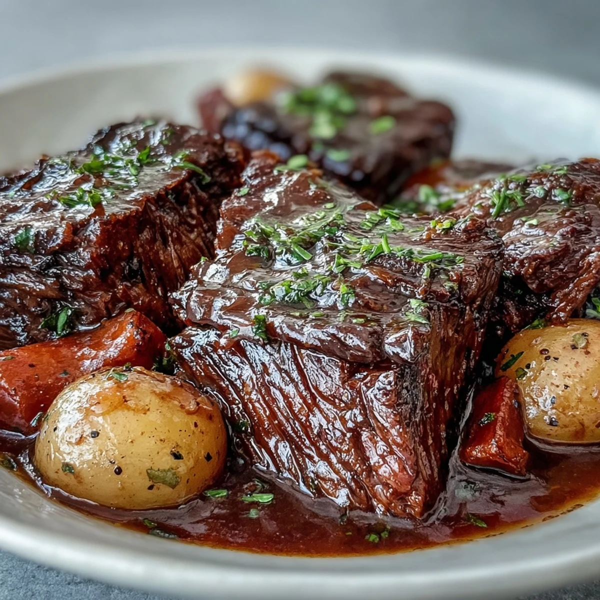 Juicy slices of beef pot roast plated over buttered noodles with roasted carrots and potatoes.