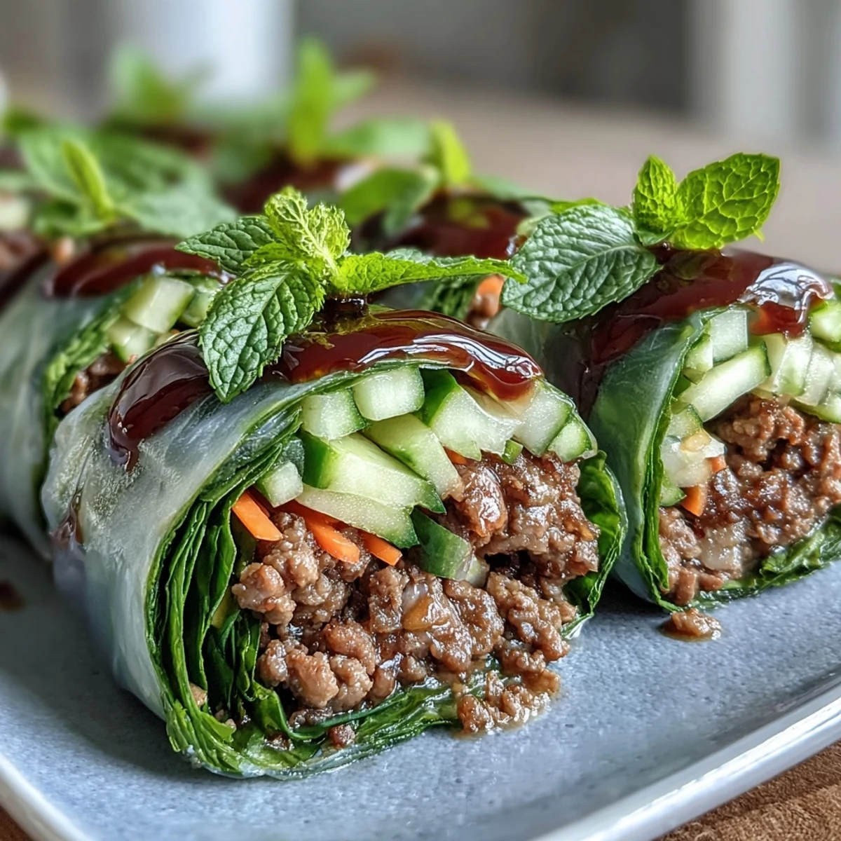 Thai Basil Beef Rolls filled with savory ground beef, crisp vegetables, and fresh herbs in soft rice paper.