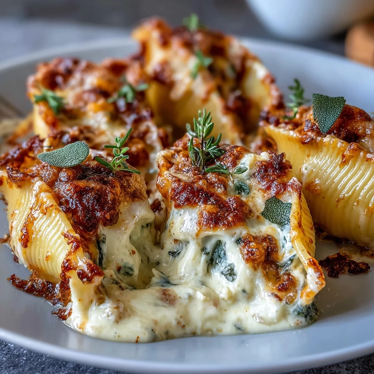 Fresh sage garnish tops cheesy stuffed shells filled with pumpkin and Gouda.