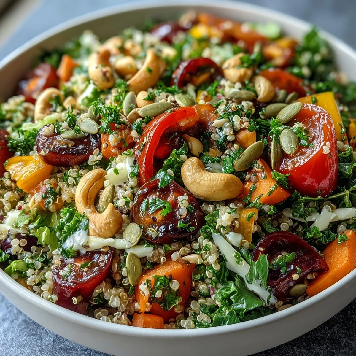 Vibrant Rainbow Salad Bowl featuring purple cabbage, carrots, tomatoes, and black beans in a large serving bowl, ready for a family-style meal.