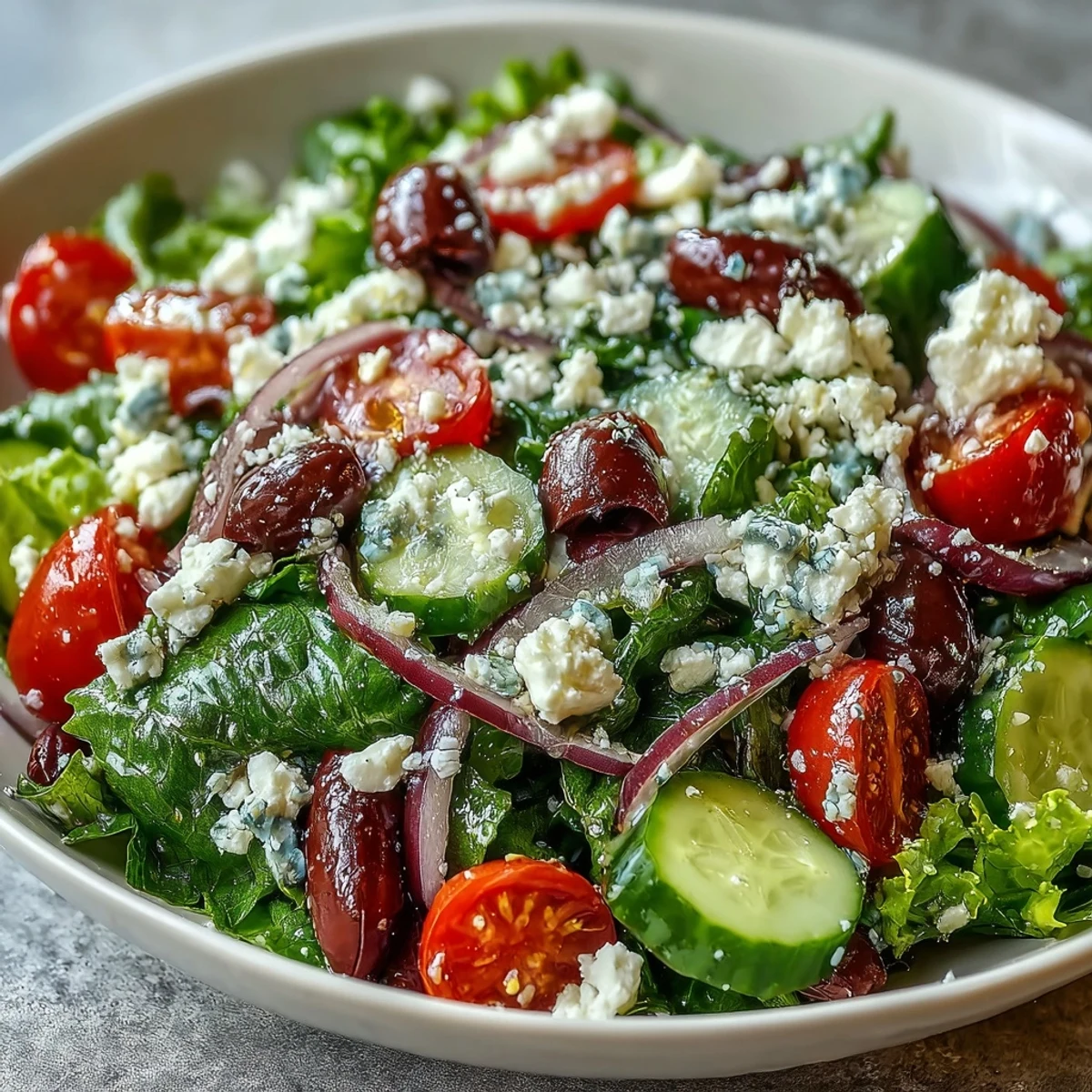 Freshly tossed Mediterranean Green Salad Bowl with crunchy cucumbers, juicy tomatoes, briny Kalamata olives, and tangy feta cheese on a wooden table.