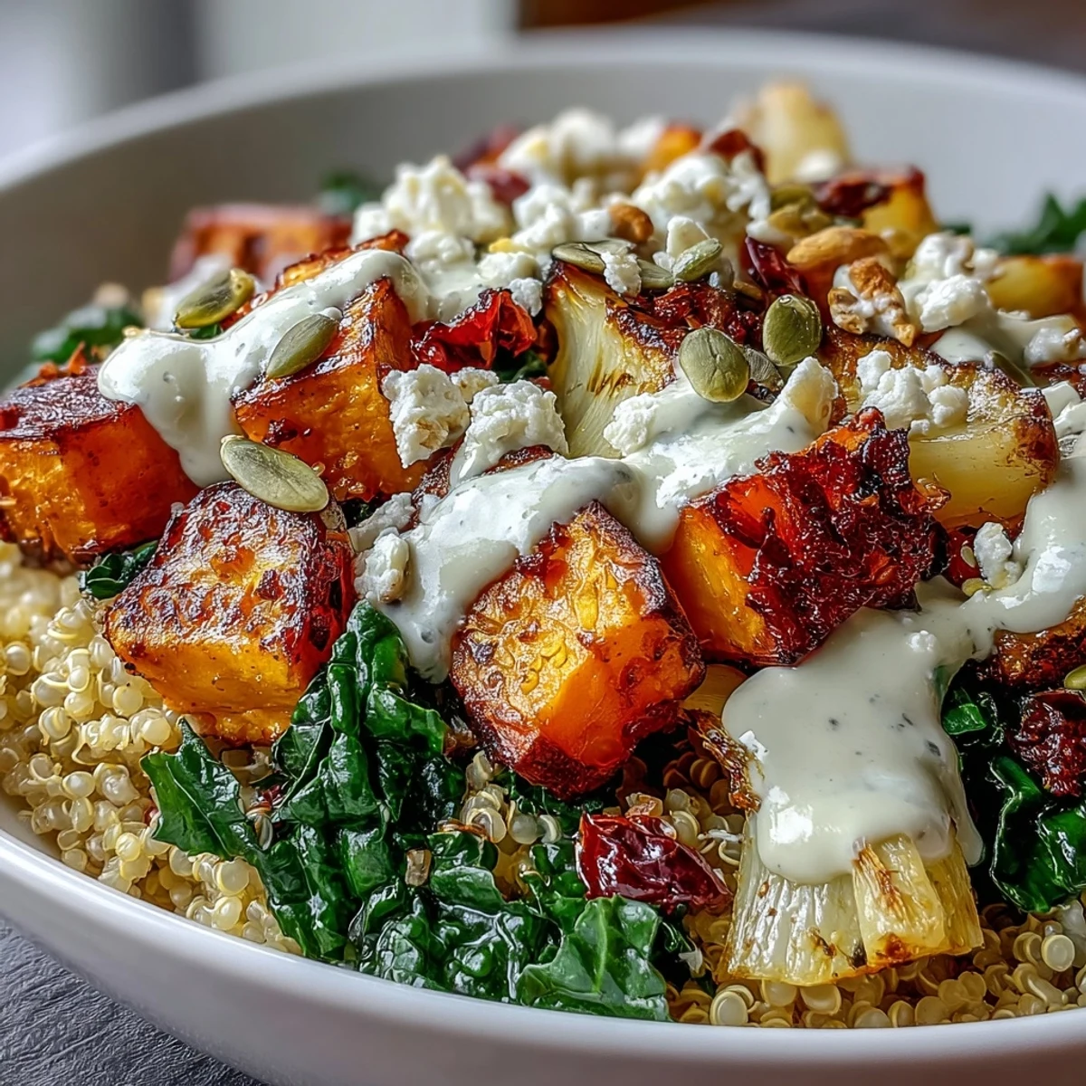 A top-down view of a Hearty Winter Grain Bowl packed with roasted carrots, parsnips, and sweet potatoes over quinoa.