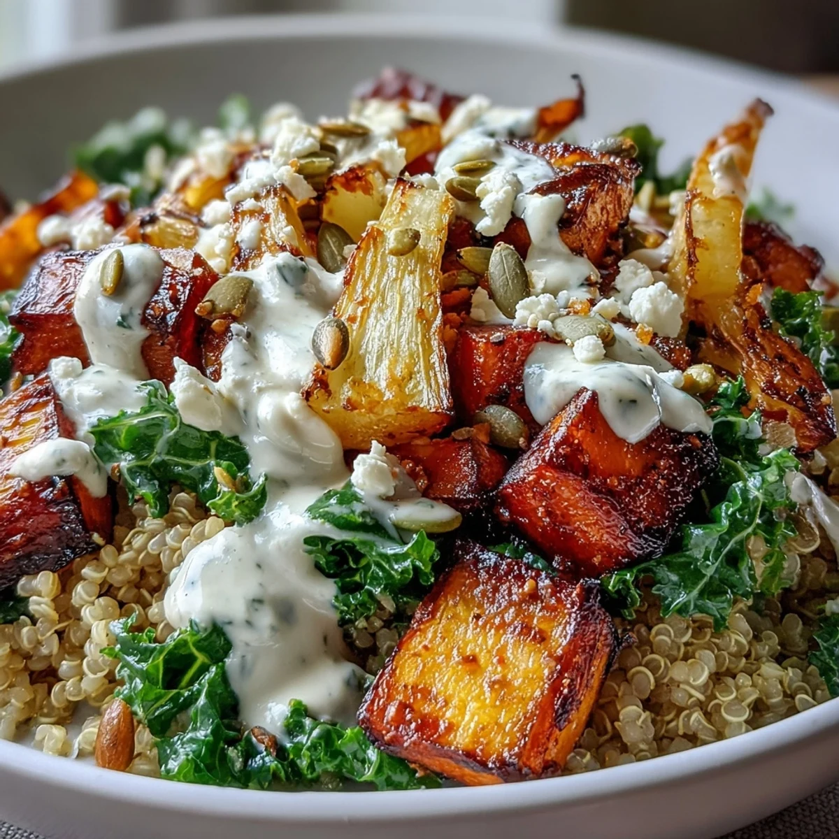 Close-up of the Hearty Winter Grain Bowl drizzled with creamy tahini dressing and topped with pumpkin seeds and feta.