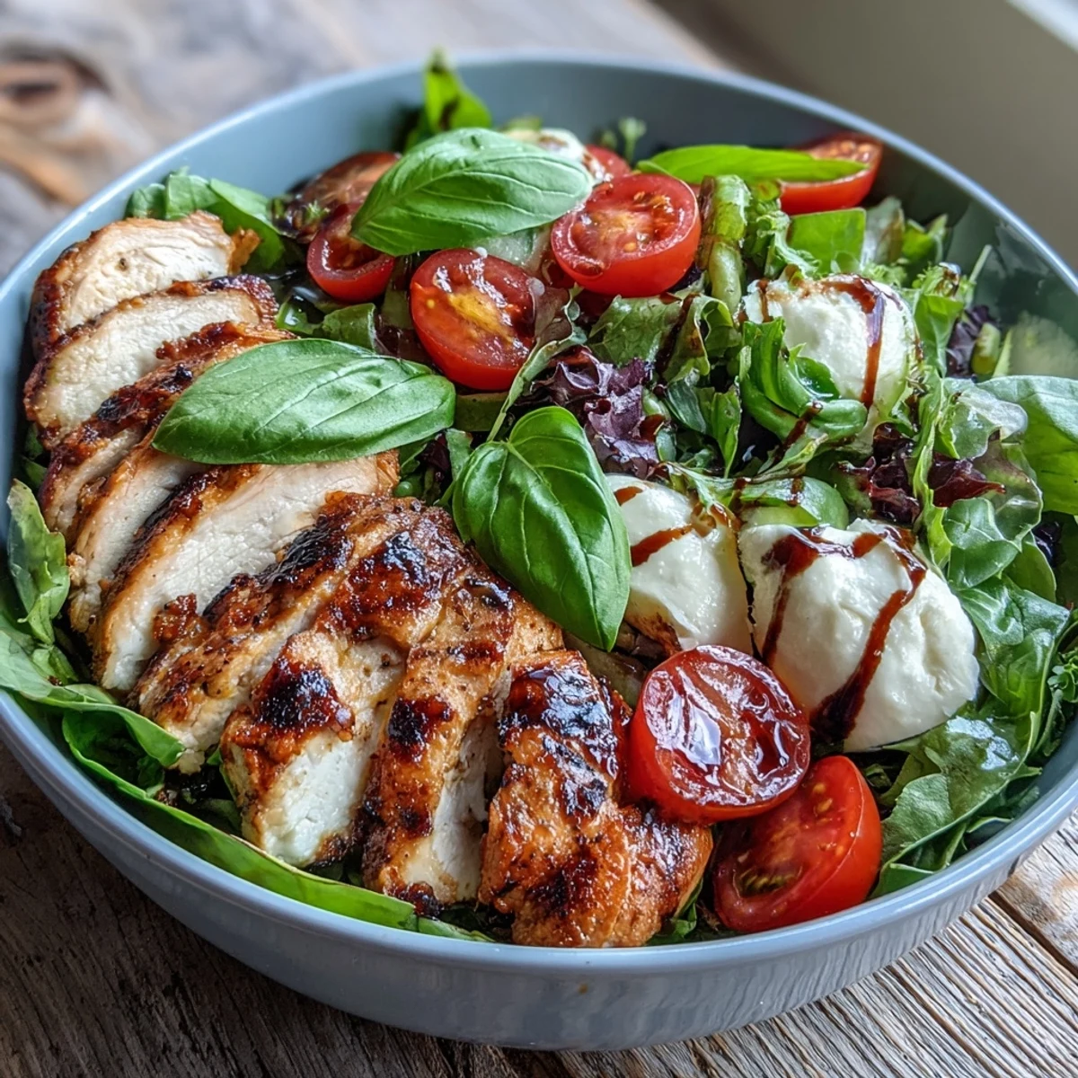 A fresh Caprese Chicken Bowl with tender chicken, mozzarella, tomatoes, and basil over salad greens, ready to serve.