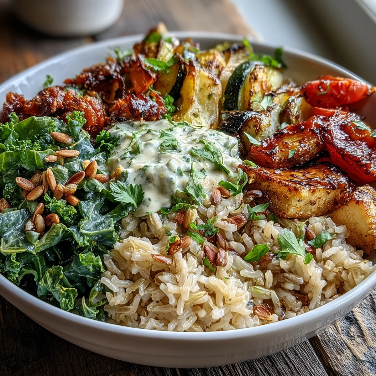 A vibrant bowl of warm salad with kale, roasted zucchini, and toasted pumpkin seeds for crunch.