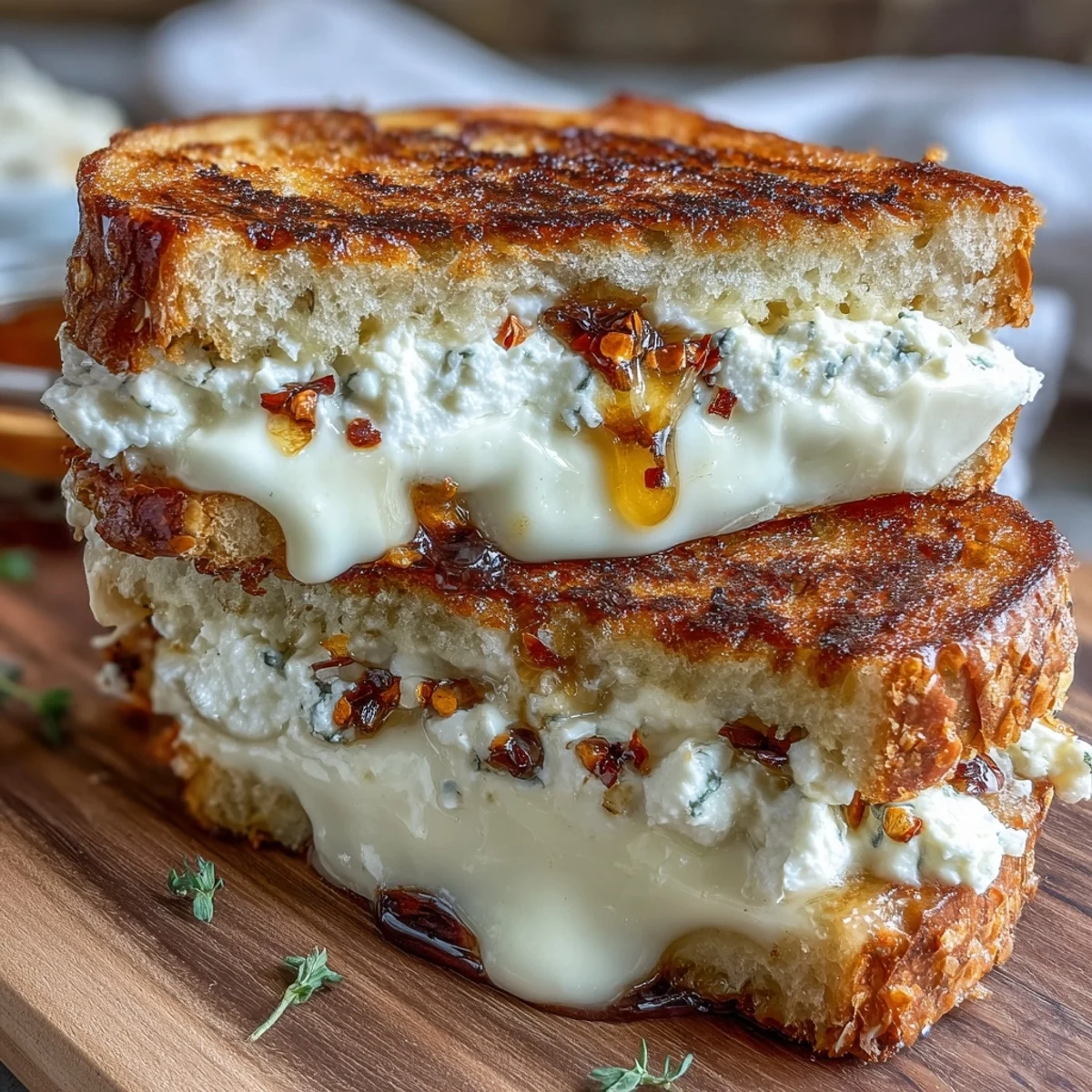 Melted goat cheese and cream cheese ooze from crisp buttery sourdough, sprinkled with red chili flakes and a honey drizzle.