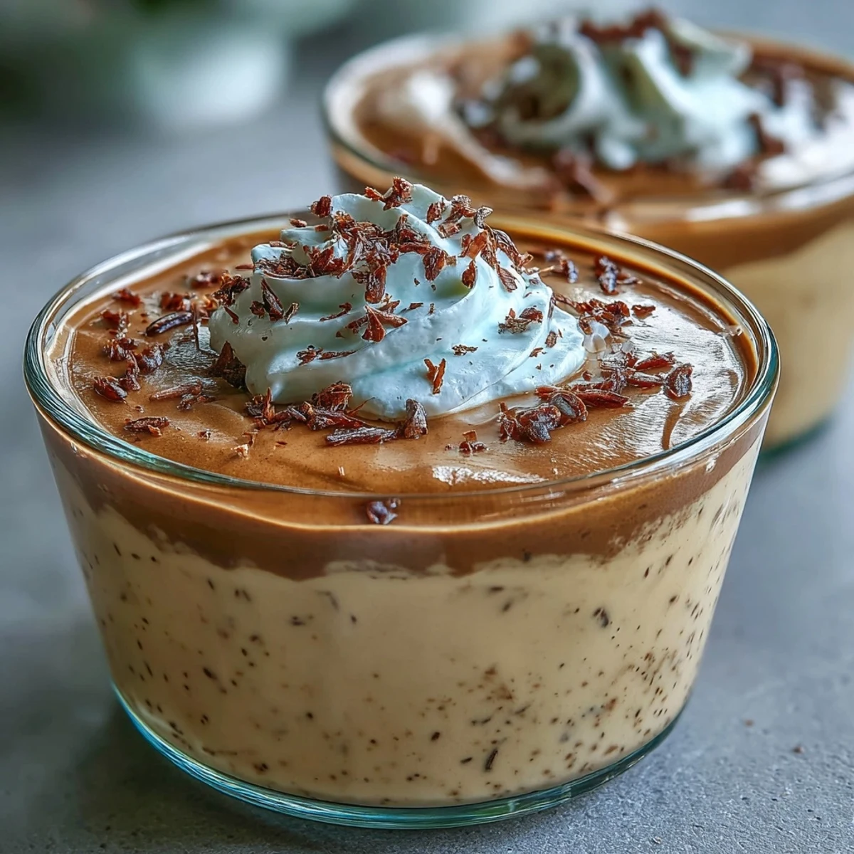 Four glass ramekins of silky Hojicha Pudding with a creamy beige hue and a sprinkle of cocoa powder.