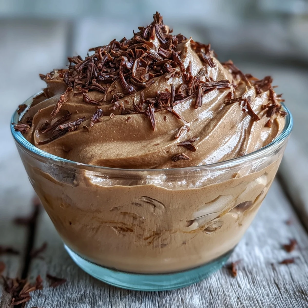 Delicate Hojicha Mousse in a clear glass, showcasing its creamy brown color and garnished with toasted tea leaves for a subtle crunch.