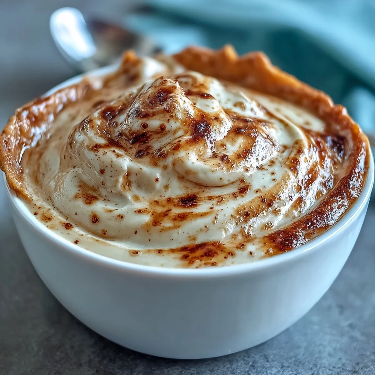 Golden-brown Hojicha Pastry Cream in a glass bowl with a smooth, thick texture and spoon showing nutty aroma.