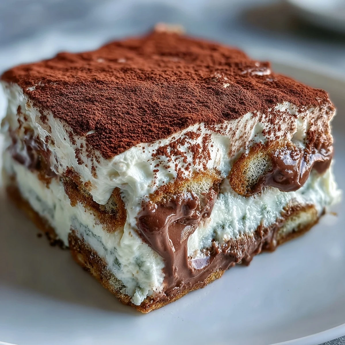 Creamy hojicha tiramisu layered with soaked ladyfingers and dusted with rich cocoa powder.