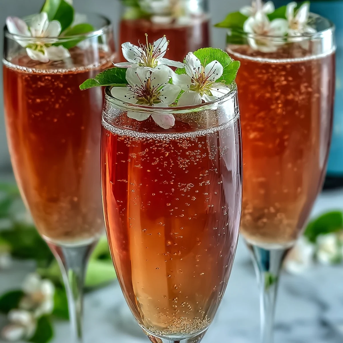 Chilled Elderflower Guava Mimosa with fresh guava garnish, ready for a vibrant brunch serving.